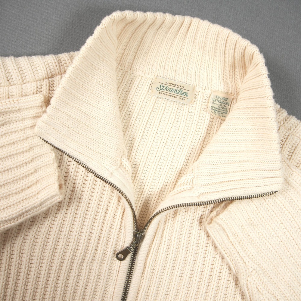 VTG St Johns Bay Knit Shaker Rib Zip Men Sweater XXL Coastal Chunky Cream Heavy